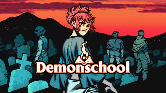 Demonschool trailer screenshot showing female cartoon character stood among graves with the game logo over the top